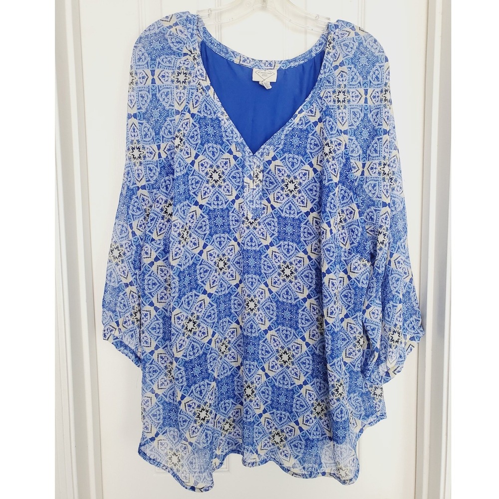 St. John's Bay Blouse‎ Blue Geometric Tile Print V-Neck Chiffon Tunic 2X
